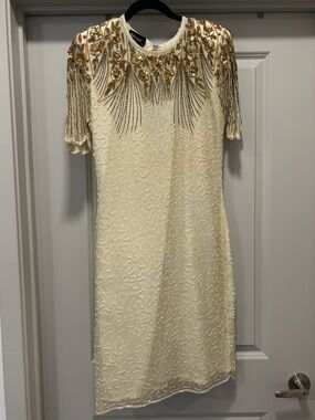 100% Silk Embellished Cream Beaded Cocktail Dress